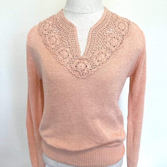 NET 70's "Organically Grown" Pastel Peach Pullover Crochet Vneck Sweater - Large - Picture 5 of 10